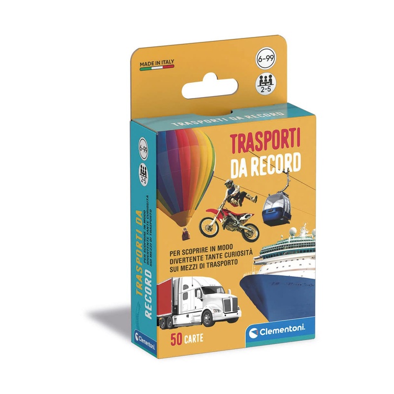 Clementoni - Rekordtransporte, Deck mit 50 Karten, um Kuriositten auf Allen Fahrzeugen zu entdecken, fr Kinder ab 6 Jahren und die ganze Familie, 2-5 Spieler, Geschenkidee Made in Italy