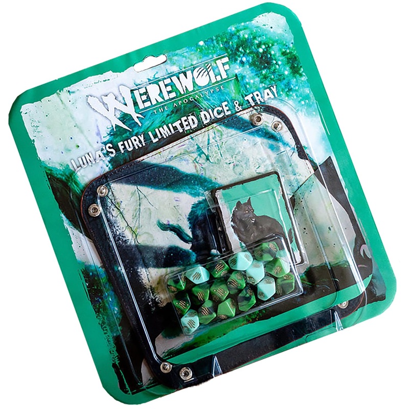 Werewolf: The Apocalypse 5th Edition Roleplaying Game Lunas Fury Limited Dice & Tray Accessory Pack - 17 Green RPG Dice Set, 5 Cards & Folding Tray