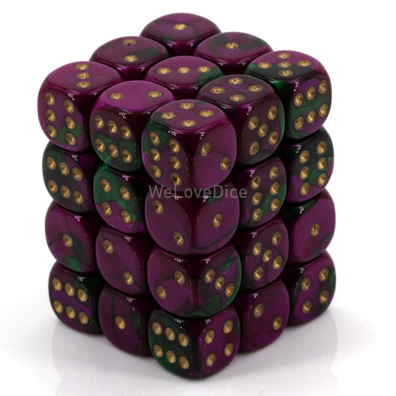 Chessex DND Dice Set -12mm Gemini Green, Purple, and Gold Plastic Polyhedral Dice Set-Dungeons and Dragons Dice Includes 36 Dice  D6 (CHX26834), Small (10mm - 14mm