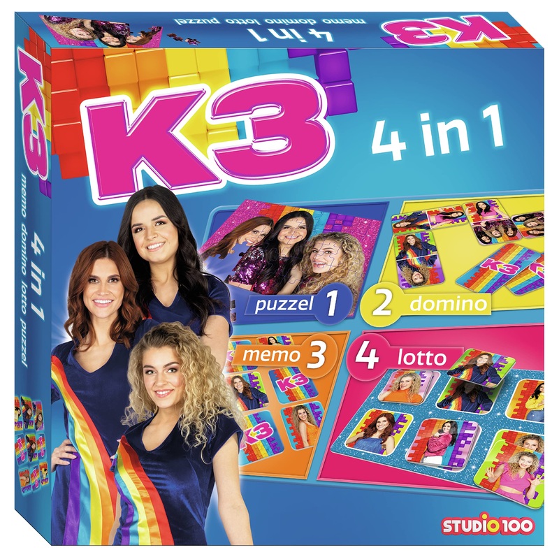 K3 : kartonnen 4 in 1 spel - met memo, domino, puzzel en lotto spel
