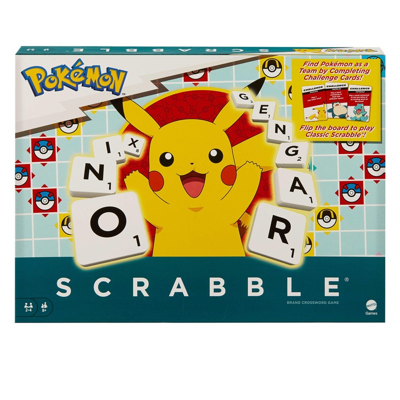 Mattel Games Scrabble Pokmon Board Game, Family Word Game with Two Ways to Play, includes 50 Challenge Cards featuring Pokmon characters for 2-4 Players, UK Version, HXB94