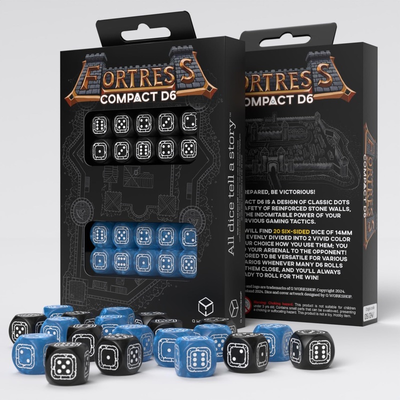 Fortress Compact D6: Black & Blue by Q-Workshop, Dice for RPG Board Games, for 1+ Players and Ages 14+
