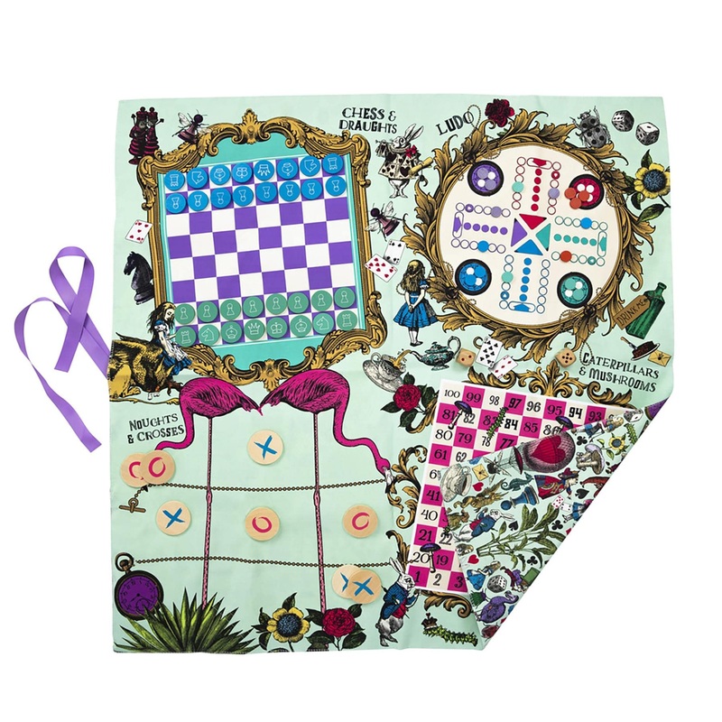 Professor PUZZLE Alices Party Games Mat - Alice in Wonderland Themed games mat with 5 classic family games, Chess, Draughts, Noughts & Crosses, Snakes & Ladders.