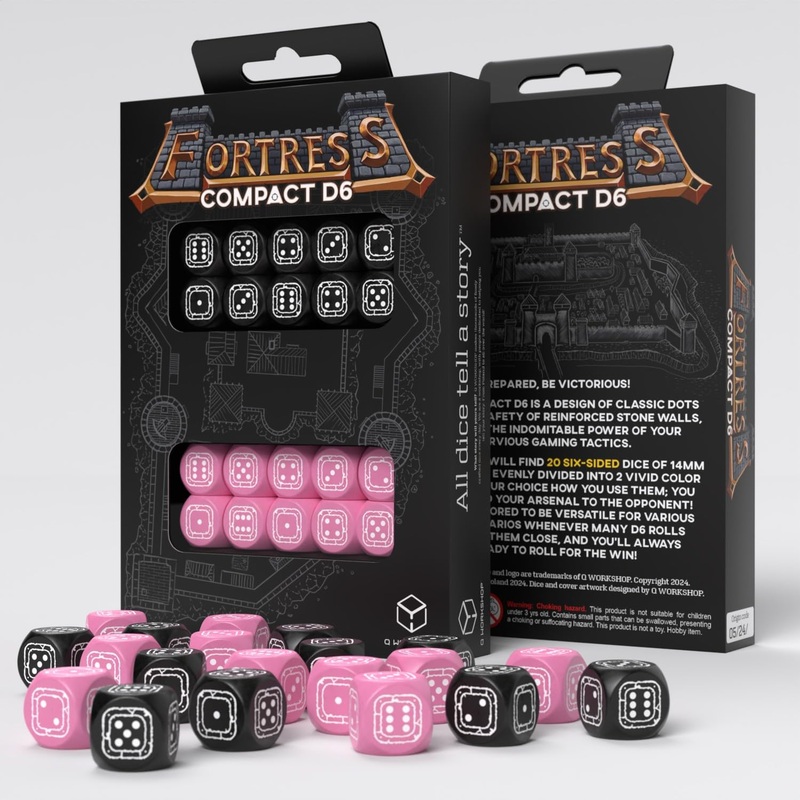 Fortress Compact D6: Black & Pink by Q-Workshop, Dice for RPG Board Games, for 1+ Players and Ages 14+