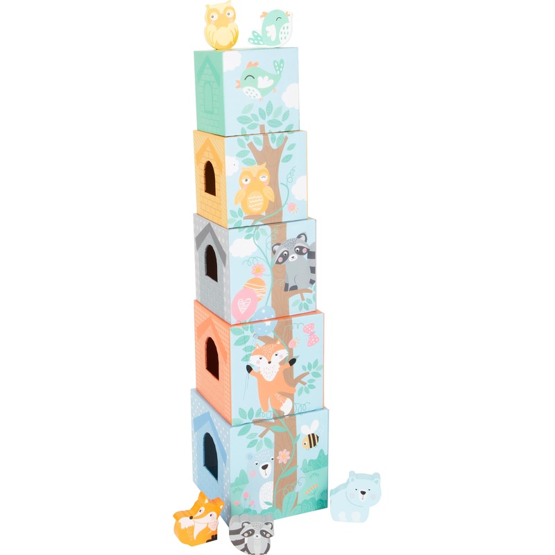 Small Foot Small Foot-11721 Cubos para apilar Pastel, Madera con Figuras, Partir de 12 Meses. Animal Toys, Color Azul, Verde (11721
