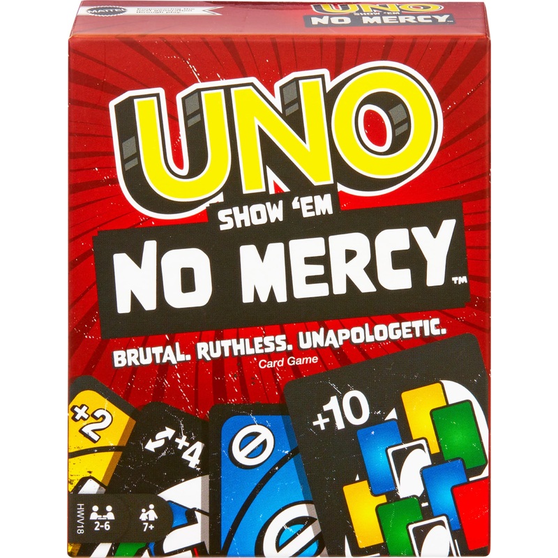 Mattel Games Juego de cartas UNO No Mercy Juego de mesa familiar con cartas nuevas, reglas especiales y penalizaciones ms despiadadas, +7 aos (HWV18)