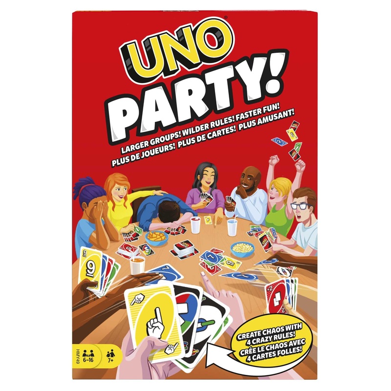 Mattel Games Juego de Cartas UNO Party! Juego de Mesa Familiar para Grupos Grandes, nios, nias y Adultos +7 aos (Mattel HMY49