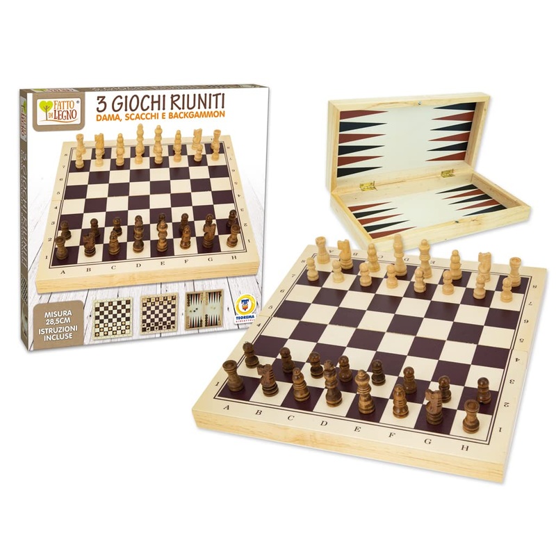 3 GAMES IN ONE MADE OF WOOD DAMA CHESS BACKGAMMON CM 28.5 WITH INSTRUCTIONS