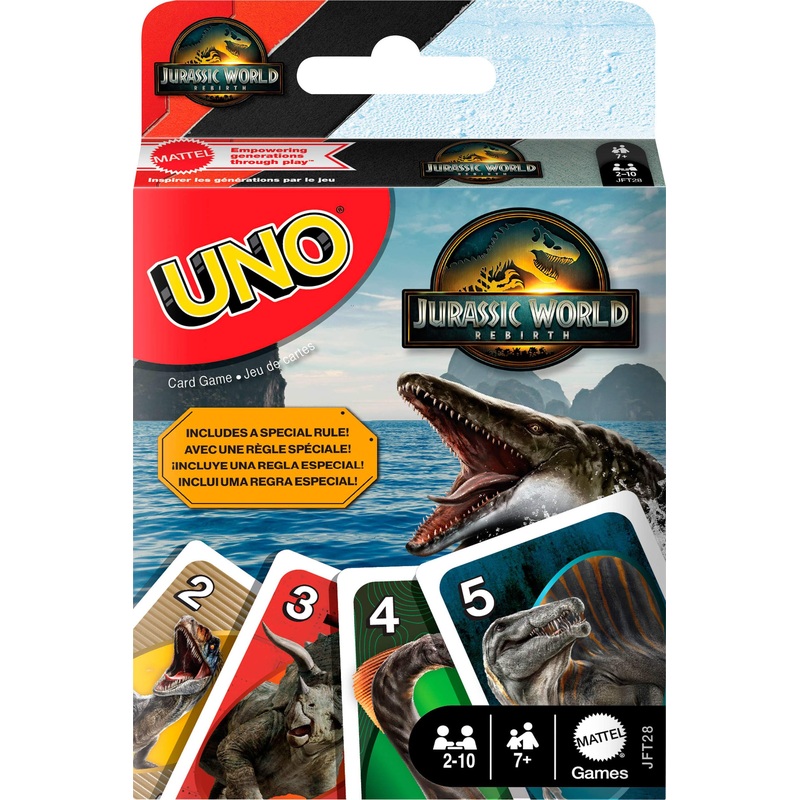 Mattel Games UNO Jurassic World La Rinascita gioco di carte per bambini, adulti e serate in famiglia, mazzo con regole speciali e immagini ispirate al film, JFT28
