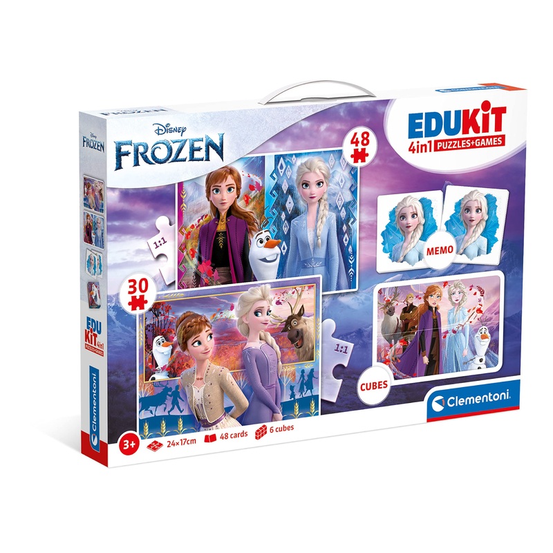 Clementoni - Edukit 4 En 1 Frozen - Un Juego Educativo Que Incluye Un Puzzle De 30 Piezas, Un Puzzle De 48 Piezas, Juego De Memoria Y 6 Cubos De Tus Personajes Favoritos, Juguete Nios 3 Aos (18292