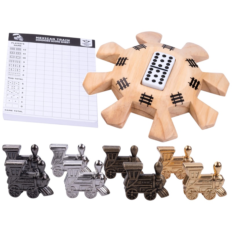 Engelhart - 250112 - Mexican Train Domino Accessories - 1 Wooden Station + 8 Metal Locomotives + Score Pad - Domino Game Accessory