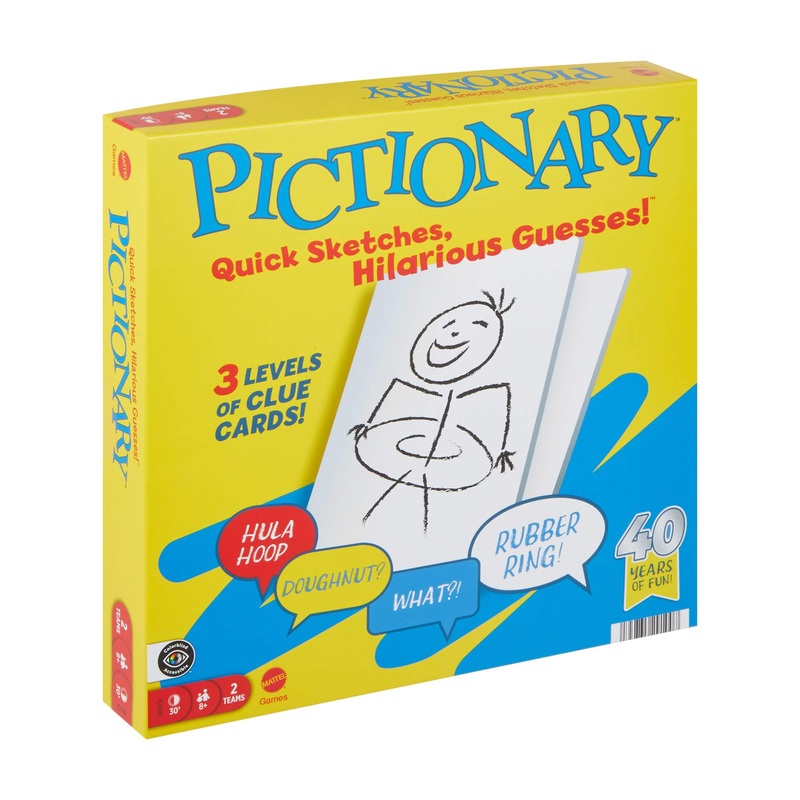 Mattel Games Pictionary JDX96 Familien-Brettspiel fr Kinder, Erwachsene und Spieleabend fr 2 Teams mit lschbaren Markern, Brettern und Sanduhr