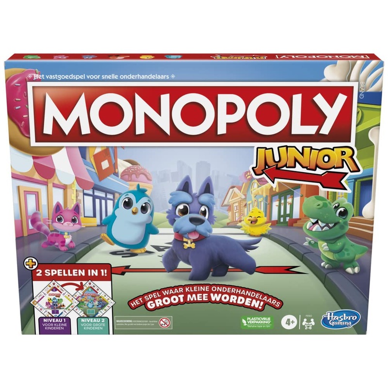 Monopoly Junior-bordspel, 2-zijdig spelbord, 2 spellen in 1, Monopoly-spel voor jongere kinderen; kinderspellen, Junior-spellen (Nederlandse versie