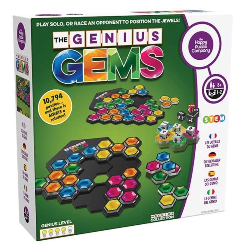 The Happy Puzzle Company  The Genius Gems  ideenregen, strategiespel en behendigheidsopbouw  8 jaar +  1 of 2 spelers  meertalig  SGHP 003