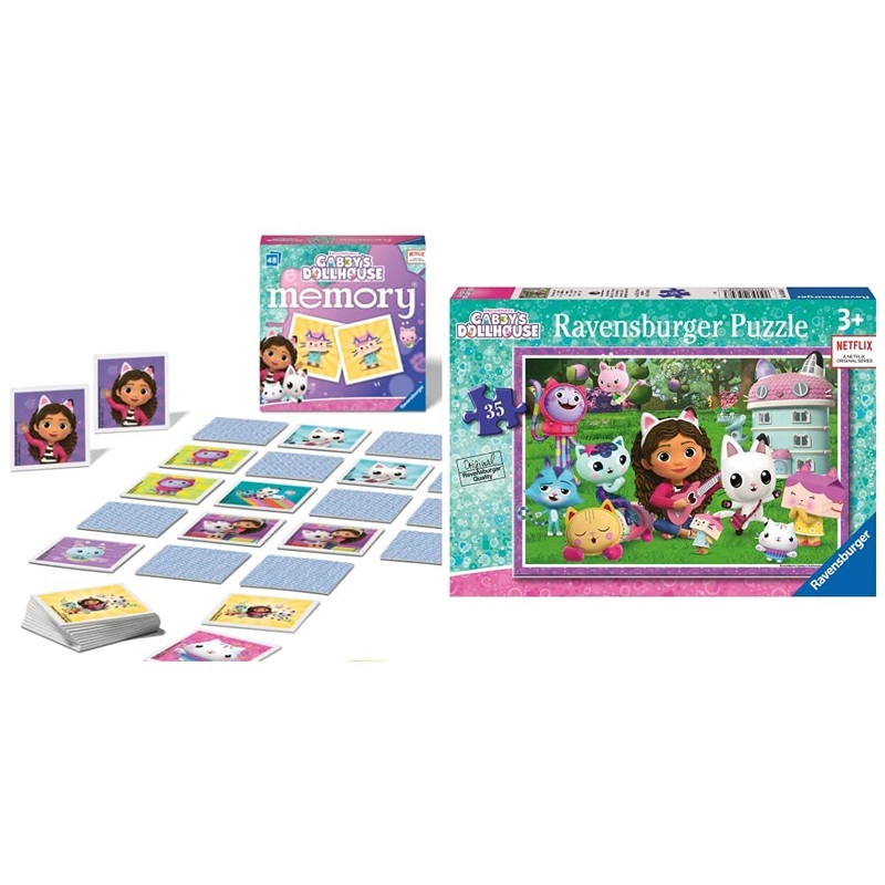 Ravensburger Gabbys Dollhouse Toys - Educational Mini Memory Game for Kids Age 3 Years Up - Matching Picture Snap Pairs & Gabbys Dollhouse Jigsaw Puzzles