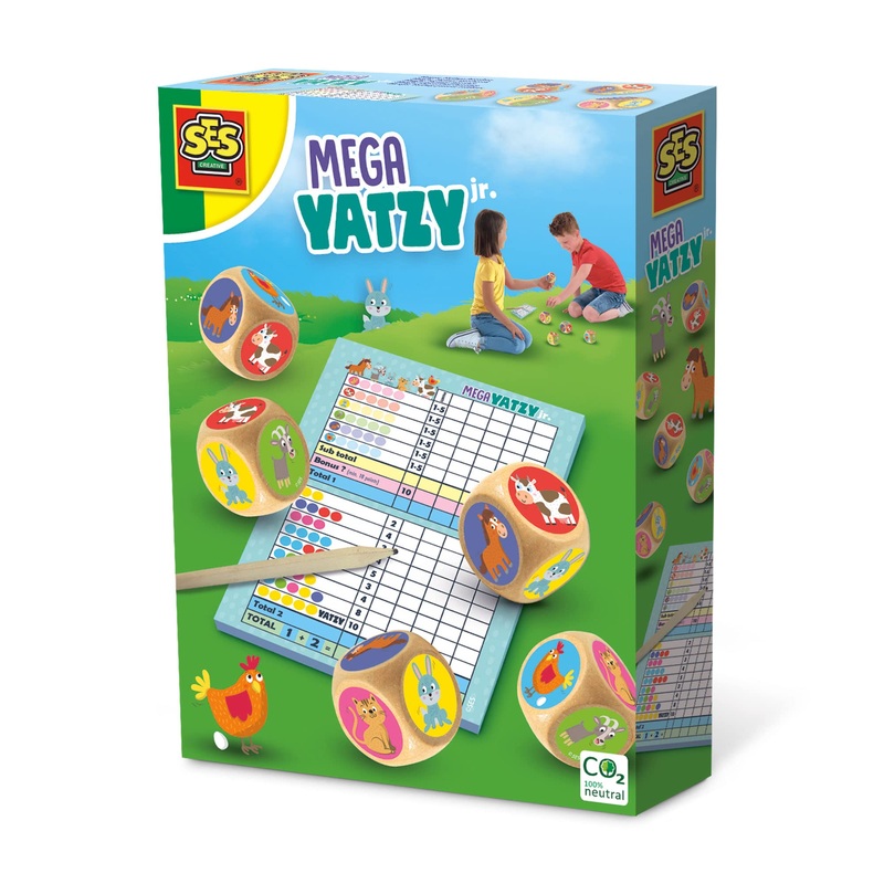 SES Creative 02294 - Mega-Yatzy Junior, 5 extragroe Holzwrfel, Gartenspiel fr Kinder, Wei