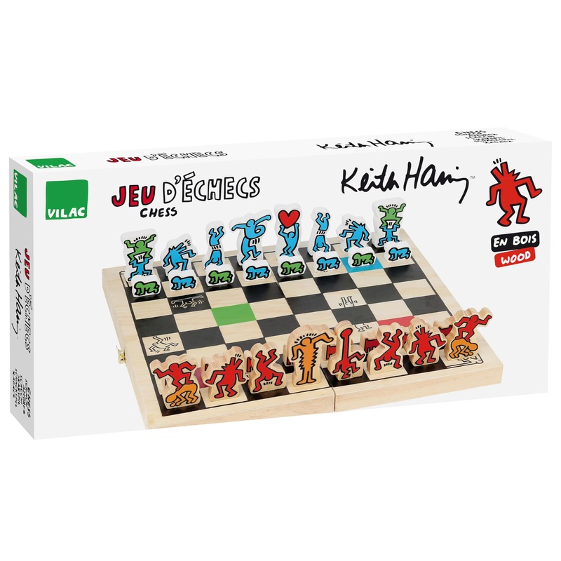 Vilac Chess Wooden Board Game in Foldable Wooden Box with Cotton Storage Bag, Large Set Illustrated By Graphic Designer Keith Haring, Multicolour, 6 Years+, 41 x 41 x 2.5 cm
