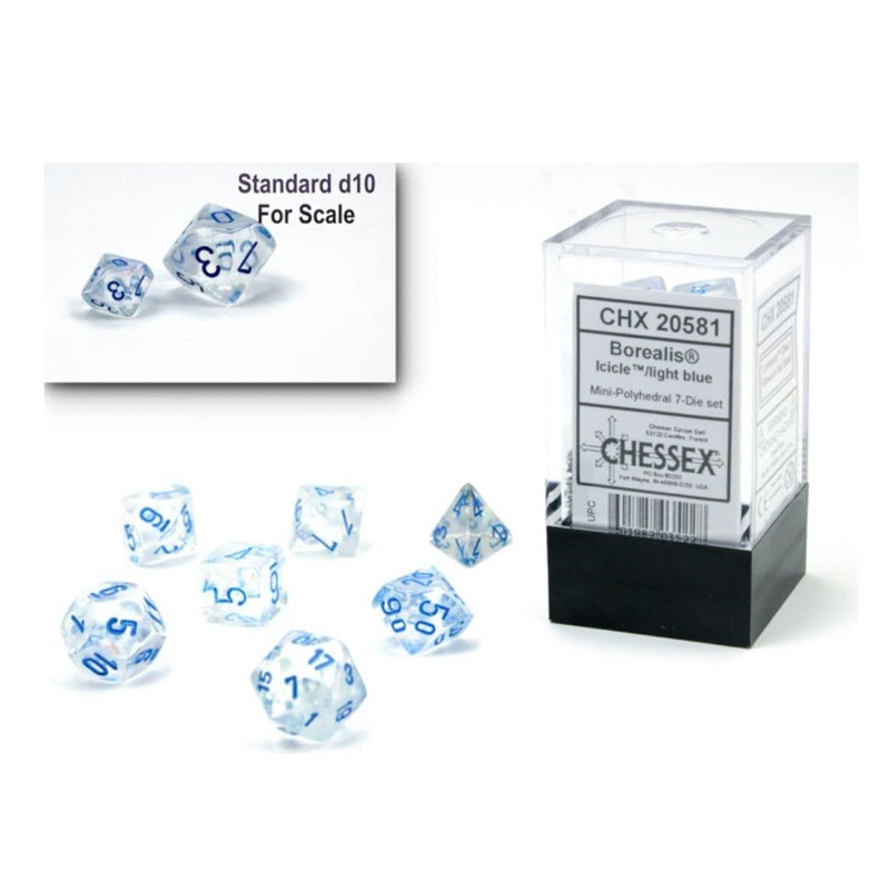 Chessex Dice Set  10mm Borealis Light Blue Luminary Polyhedral Dice Set  Dungeons and Dragons D&D DND TTRPG Dice  Includes 7 Dice - D4 D6 D8 D10 D12 D20 D%, (CHX20581