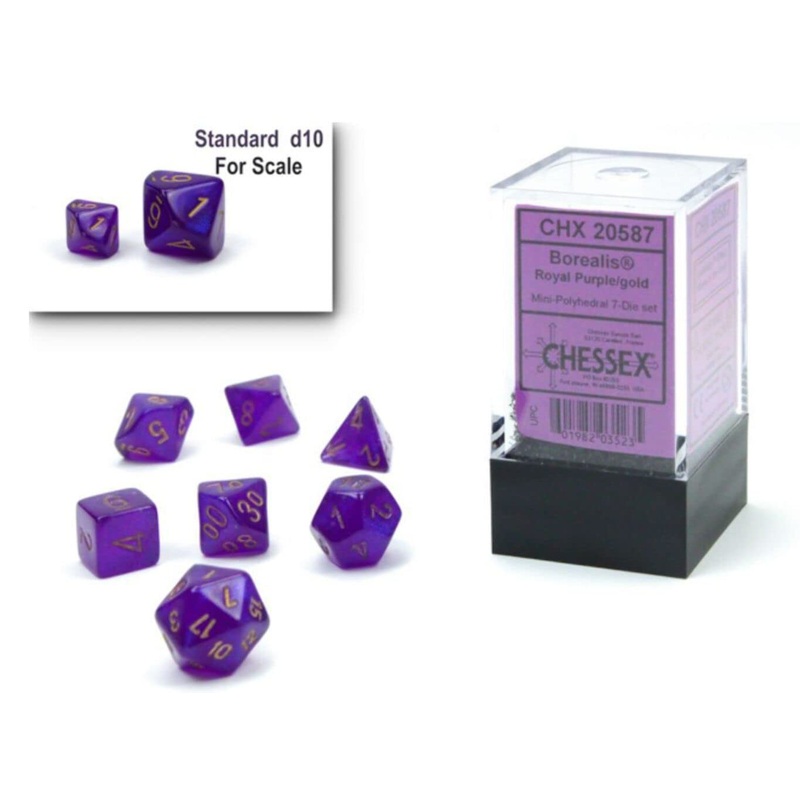 Chessex Dice Set  10mm Borealis Purple/Gold Luminary Polyhedral Dice Set  Dungeons and Dragons D&D DND TTRPG Dice  Includes 7 Dice - D4 D6 D8 D10 D12 D20 D% (CHX20587