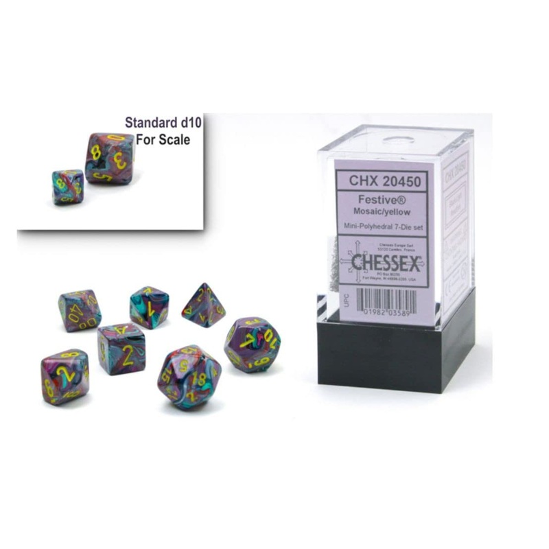 Chessex Dice Set  10mm Festive Mosaic/Yellow Plastic Polyhedral Dice Set  Dungeons and Dragons D&D DND TTRPG Dice  Includes 7 Dice - D4 D6 D8 D10 D12 D20 D% (CHX20450