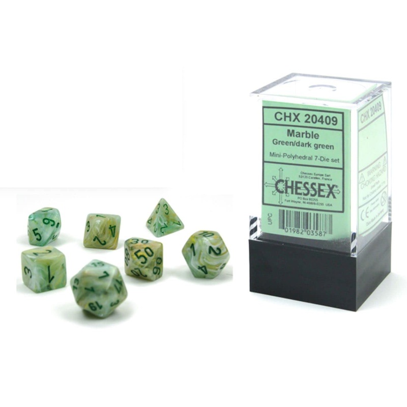 Chessex Dice Set  10mm Marble Green/Dark Green Plastic Polyhedral Dice Set  Dungeons and Dragons D&D DND TTRPG Dice  Includes 7 Dice - D4 D6 D8 D10 D12 D20 D% (CHX20409
