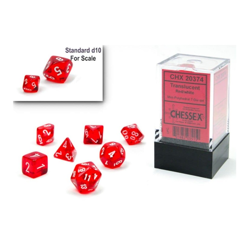 Chessex Dice Set  10mm Translucent Red/White Plastic Polyhedral Dice Set  Dungeons and Dragons D&D DND TTRPG Dice  Includes 7 Dice - D4 D6 D8 D10 D12 D20 D% (CHX20374