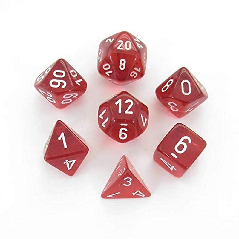 Chessex DND Dice Set-16mm Translucent Red and White Plastic Polyhedral Dice Set-Dungeons and Dragons Dice Includes 7 Dice - D4 D6 D8 D10 D12 D20 D%, Various (CHX23074