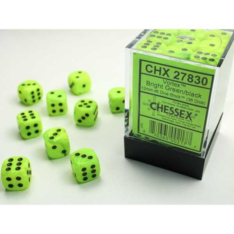 Chessex DND Dice Set-Chessex D&D Dice-12mm Vortex Bright Green with Black Plastic Polyhedral Dice Set-Dungeons and Dragons Dice ludes 36 Dice - D6, Various (CHX27830
