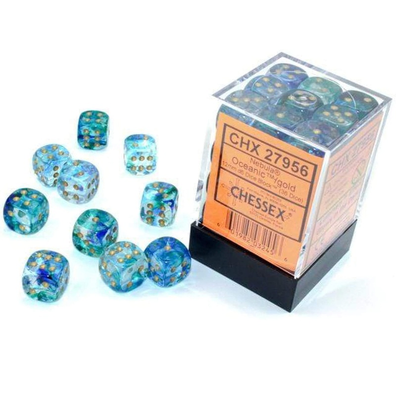 Chessex Nebula Dice Block 12mm d6 Oceanic with Gold Luminary (36 dice