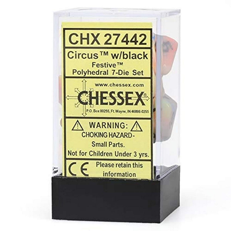 DND Dice Set-Chessex D&D Dice-16mm Festive Circus and Black Plastic Polyhedral Dice Set-Dungeons and Dragons Dice Includes 7 Dice - D4 D6 D8 D10 D12 D20 D%, Various (CHX27442