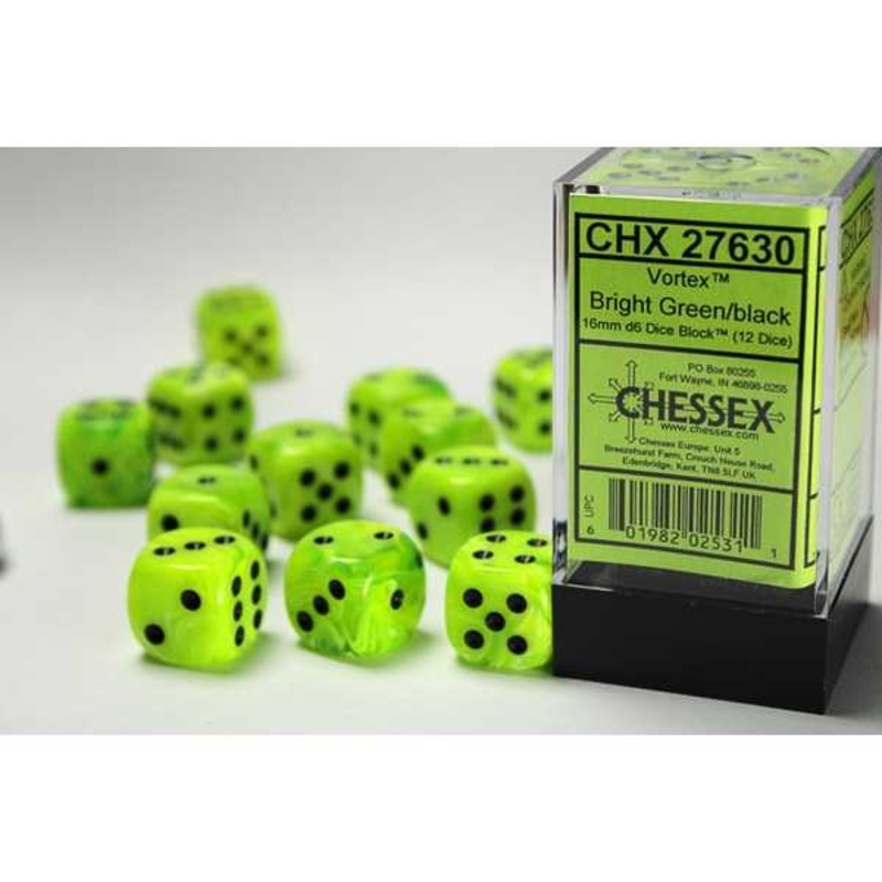DND Dice Set-Chessex D&D Dice-16mm Vortex Bight Green and Black Plastic Polyhedral Dice Set-Dungeons and Dragons Dice Includes 12 Dice  D6, Various, One Size (CHX27630
