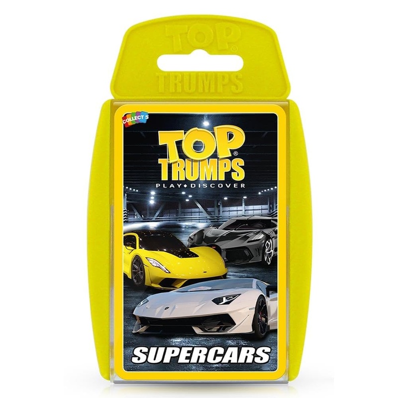Top Trumps Supercars Classic Card Game, aprende datos sobre el Aston Martin DBS, McLaren Senna y Bugatti Chiron en este juego educativo empaquetado, regalos y juguetes para nios y nias a partir de 6