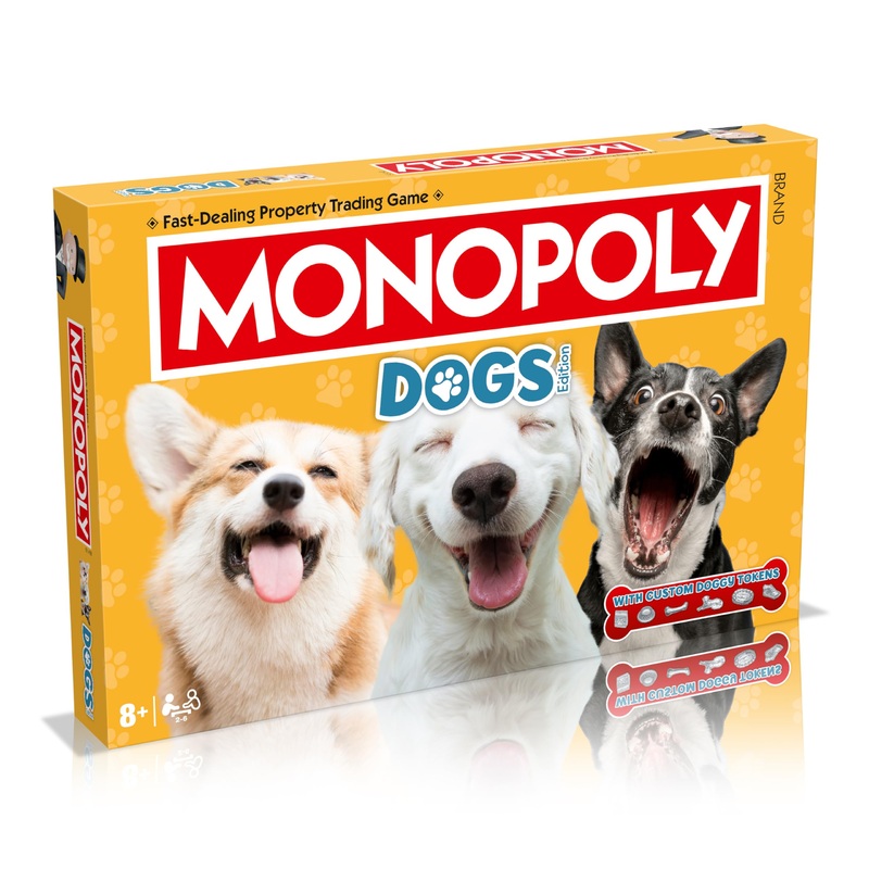 Winning Moves Dogs Monopoly - Juego de mesa edicin inglesa, juega con tus caninos favoritos de Pomerania, Husky siberiano y Shiba Inu, divertido juego de mesa familiar para nios de 8 aos en
