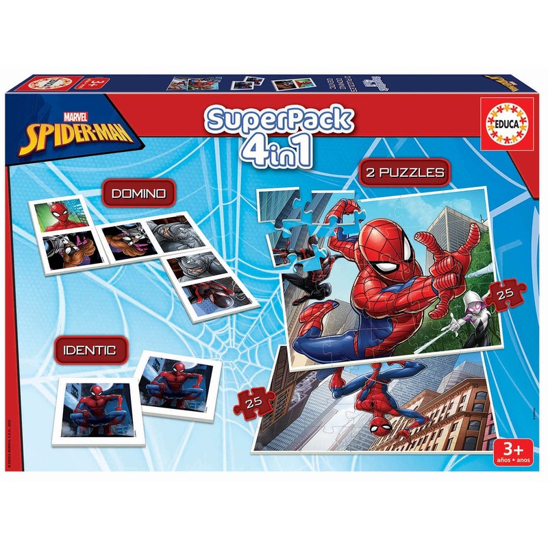 Educa - Superpack Spiderman Multiple Game Possibilities to Play Alone or with someone Includes Identic Dominoes and 2 Puzzles Board Game for Children from 3 Years Old (19353