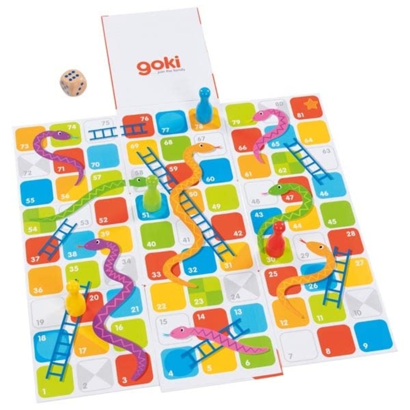 GOKI - Slangen en ladders XXL in een pulldown-kubus Traditionele Spelen, meerkleurig (56636