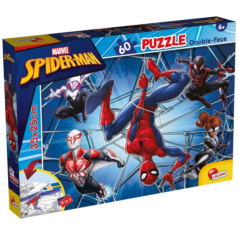 Liscianigiochi - Marvel Puzzle DF, 99634 - Doppelseitiges Puzzle M-Plus 60 Teile - Spiderman - 25x35 cm - Frdert Feinmotorik, Kreativitt und Vorstellungskraft