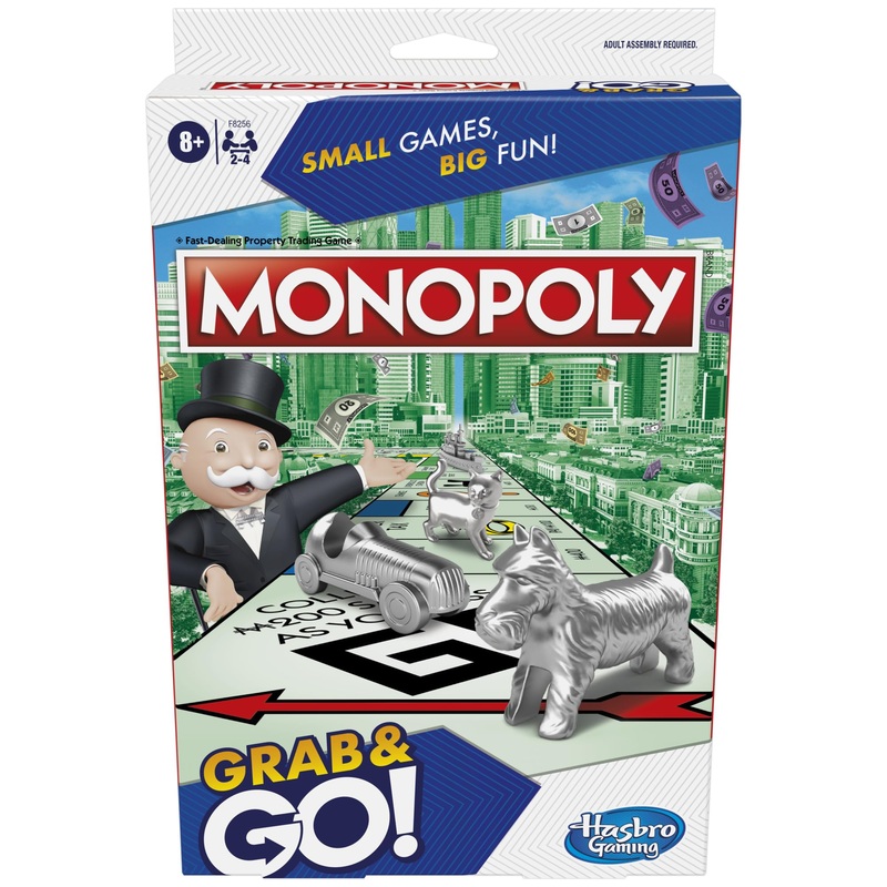 Monopoly Grab and Go Game, Portable Game for 2-4 Players, Travel Game for Kids