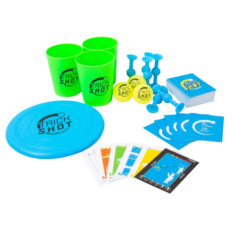 Fizz Creations Trick Shot The Game. Includes All You Need to Practice the Perfect Shot! Includes Stacking Cups, Ping Pong Balls, Sticky Darts, Throwing Disc & Challenge Cards.