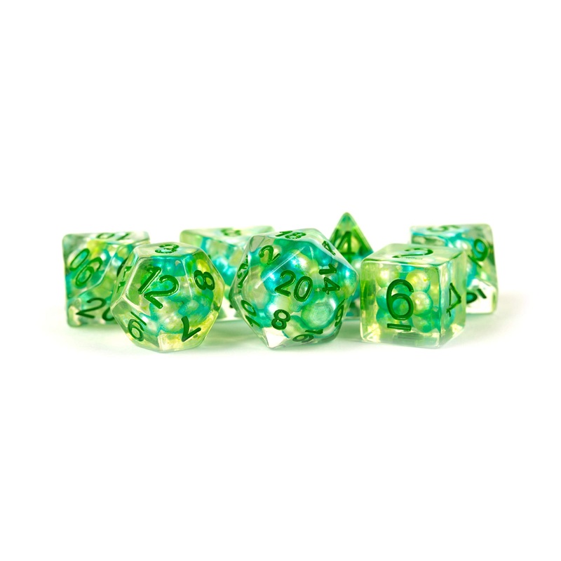 Metallic Dice Games Sea Foam Pearl Dice with Gold Numbers Resin 16mm (5/8in) 7 Dice Set