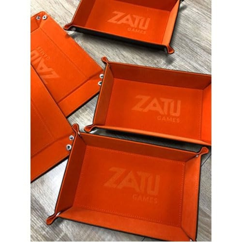 Zatu Games Bandeja de dados, terciopelo naranja y rectngulo plegable de cuero de PU negro, utilizado para RPG, mazmorras y dragones y juegos de mesa de mesa