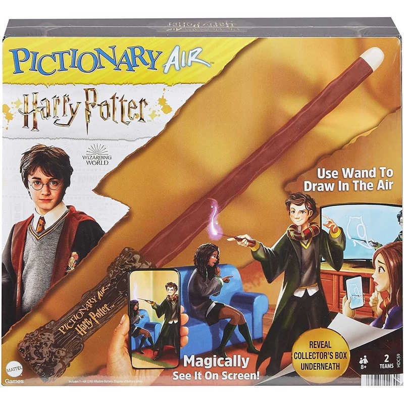 Mattel Games PICTIONARY AIR HARRY POTTER Family Drawing Game, Wand Pen, 112 Double-Sided Clue Cards, Trunk Card Holder, Collector Package. For 8 Year Olds & Up, UK version, HDC59