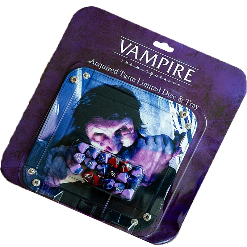 Vampire: The Masquerade 5th Edition Roleplaying Game - Acquired Taste Limited Dice & Tray Accessory Pack - 18 Purple & Red RPG Dice & Folding Tray