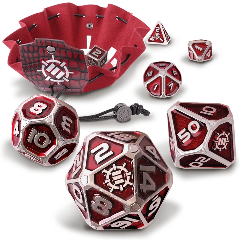 ENHANCE DnD Metal Dice Set - 7pc Polyhedral Dice with 2-in-1 Vegan Leather Bag and Tray, Solid Metal Set for Dungeons and Dragons, Pathfinder, more RPGs (Collector's Edition Black