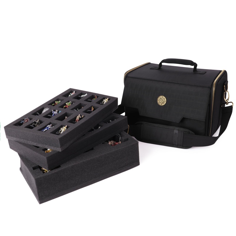 ENHANCE Miniature Figure Satchel - Compact Storage & Carrying Case for DnD Miniatures with Shoulder Strap, 3 Foam Trays (2 Pre-Cut and 1 Pick & Pluck Tray) - Fits Standard 20mm to 25mm Figures