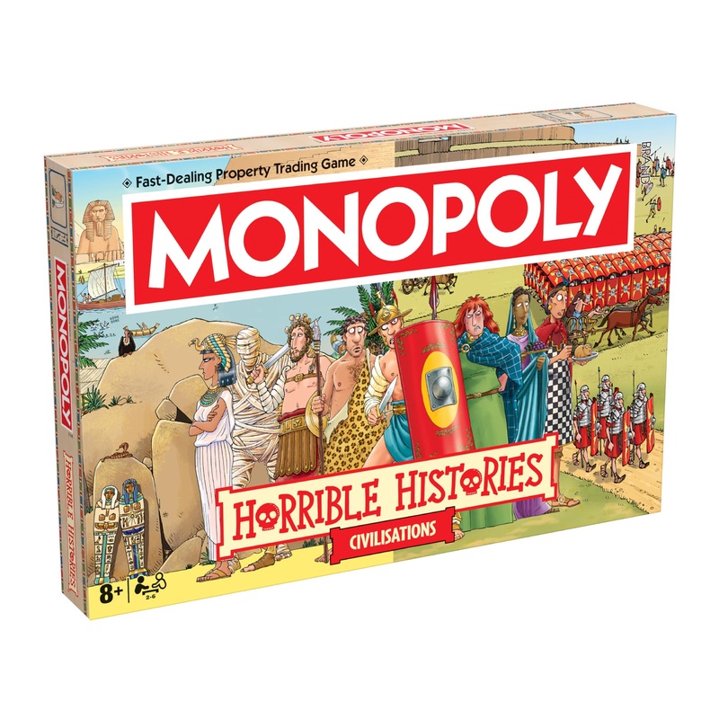 Winning Moves Horrible Histories Ancient Civilisations Monopoly classic board game is perfect for 26 players and makes a great gift for fans aged 8 and up