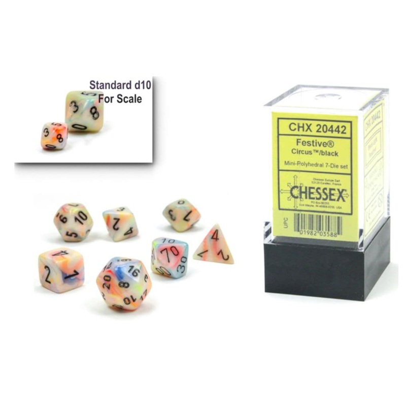 Chessex Dice Set  10mm Festive Circus/Black Plastic Polyhedral Dice Set  Dungeons and Dragons D&D DND TTRPG Dice  Includes 7 Dice - D4 D6 D8 D10 D12 D20 D%,CHX20442