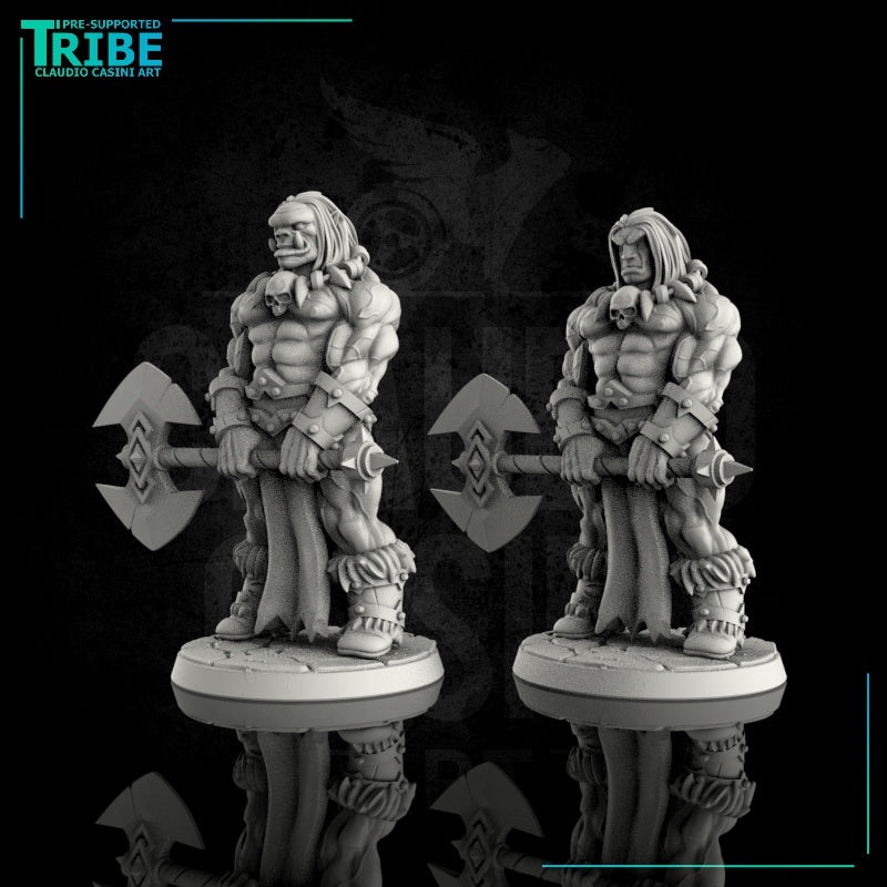 (0065) Male human / orc barbarian with dubble axe