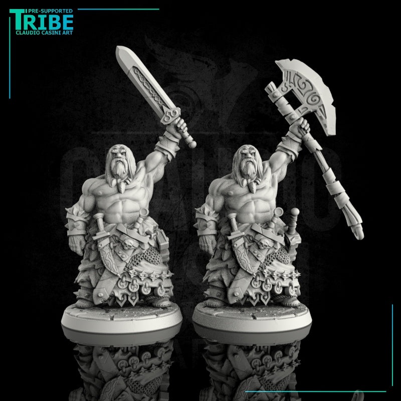 (0034) Male human orc half-orc barbarian warrior with sword and big axe