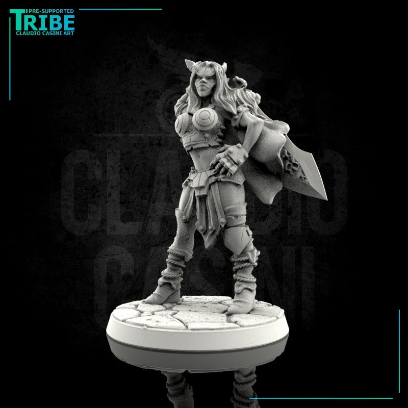 (0043) Female human tiefling firbolg half-orc barbarian with big sword