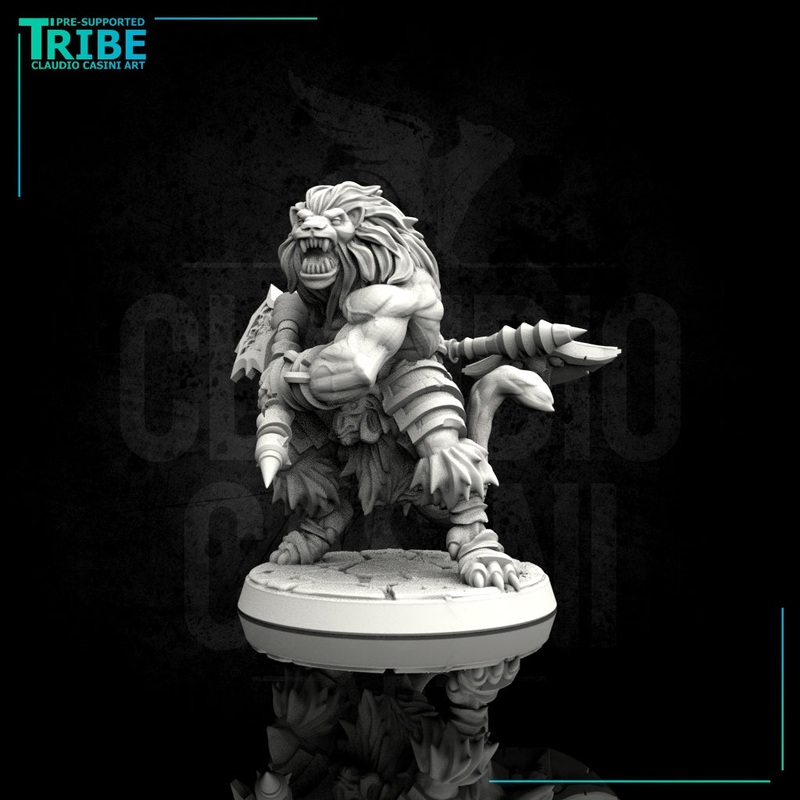 (0092) Male felinid barbarian with two axes